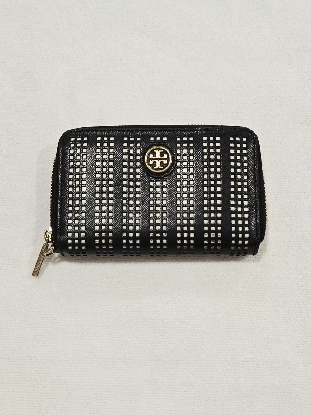 Tory Burch Black Leather Zip Card Wallet with Gold Logo